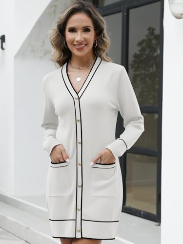 Women's V Neck Long Sleeve Sweater Dress Elegant Mini Dress Button Open Front Color Block Knit Sweaters Cardigan with Pockets White2