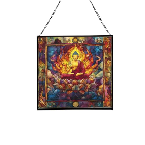 Buddha Angulimala Taming Stained Glass Suncatcher – Square Hanging Window Panel for Meditation Room, Zen Space, or Home – Peaceful Spiritual Glass Art Gift, Christmas, Thanksgiving nZ7Xtt