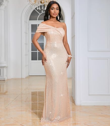 Image of Cololura Women Sexy Sequin One Shoulder Mermaid Formal Party Cocktail Gowns Bodycon Evening Maxi Dress