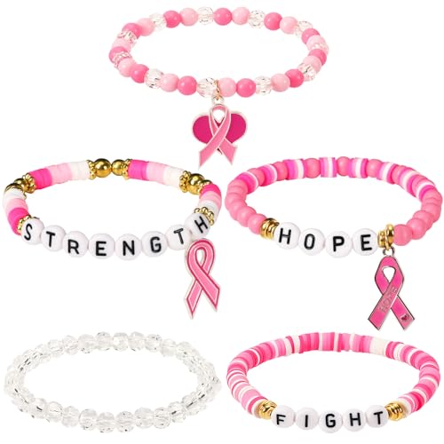 JULMELON 5Pcs Pink Ribbon Breast Cancer Bracelets, Breast Cancer Survivor Gifts for Woman Glitter Beaded Bracelet HOPE FIGHT Friendship Bracelets Survivor Support Jewelry Gifts