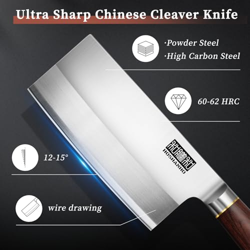 HOSHANHO Ultra Sharp Cleaver Knife 7 inch, Powder Steel and High Carbon Steel Chinese Cleaver Butcher Knife with Wooden Handle, Meat Cleaver for Home and Restaurant - Image 3