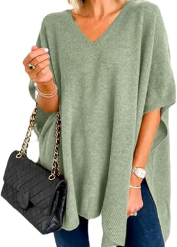 Image of Pinclodly Womens Poncho Sweater Women V Neck Ponchos and Wraps Batwing Sleeveless Shawl Pullover Sweaters Women's Clothing