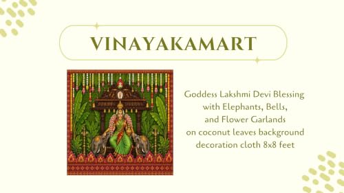 Image of Lakshmi Devi Backdrop Cloth for Decoration | Goddess Lakshmi Devi Blessing with Elephants, Bells on Coconut Leaves Background Decoration Cloth 8x8 feet | varalakshmi Pooja Backdrop