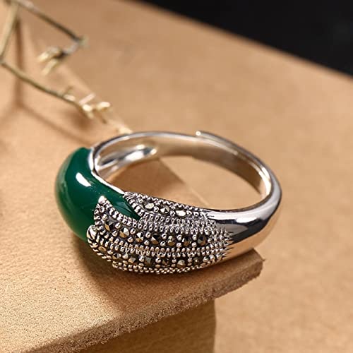 XIAOJIARetro 925 Sterling Silver Ring Jade Rings Mosaic Chalcedony Pure Luster Palace Jewelry Classic Elegant Design Gift Women-Green