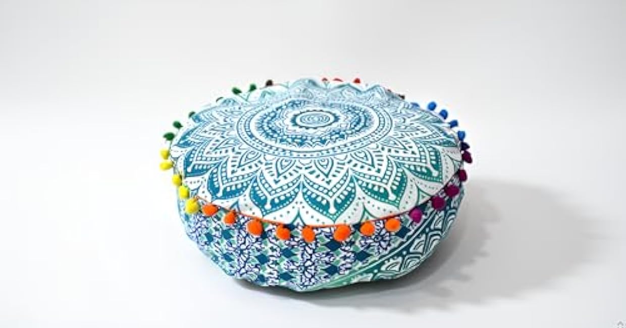 INDIAN CRAFT CASTLE ICC Mandala Barmeri Large Floor Pillow Cover Cushion Meditation Seating Ottoman Throw Cover Hippie Decorative Zipped Bohemian Pouf Ottoman Cases Green Ombre 18 Round