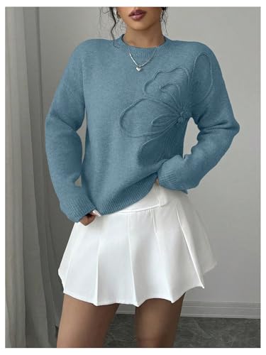 Image of RoseSeek Women's 3D Floral Appliques Crewneck Sweaters Long Sleeve Drop Shoulder Pullovers Elegant Knit Tops