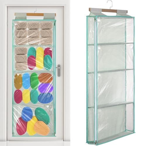 Image of Hanging Yarn Storage Organizer, Clear Knitting Organizer Storage with 4 Large Pockets and Double Zippers for Crochet Lovers, Yarn Holder with Over-Door Hooks for Knitting Needles Crochet Hooks