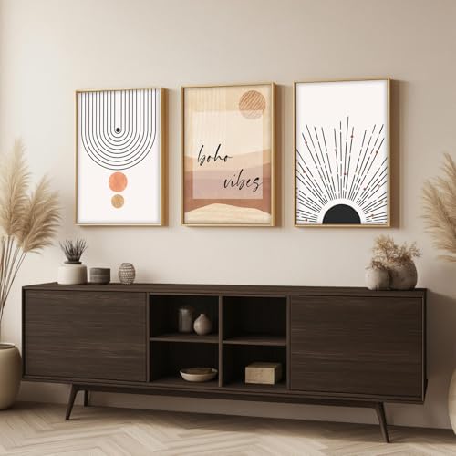 Image of ARTELLY Modern Boho Abstract Line Art Wall Decor, Set of 3 Framed Prints, Beige and White, 13x19 Inches, Geometric Design for Living Room, Bedroom Office Decoration Poster Wall Art Decor (BOHO 2)