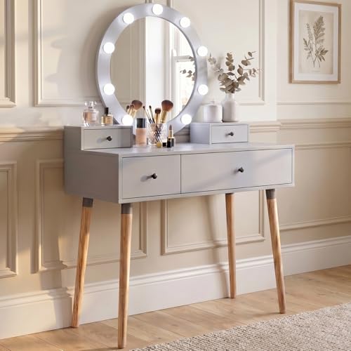 Image of Blisswood Dressing Table with Led Light & Round Mirror, Grey Vanity Desk with 2 Drawer & 3 Colour Adjustable Brightness Mirror, Modern Make Up Table For Bedroom & Perfect Girls Gift (Grey)