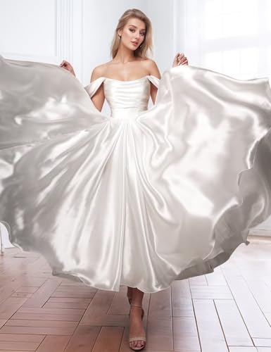 Off Shoulder Satin Wedding Dresses for Bride Tea Length A Line Prom Dresses Pleated Modest Cocktail Party Gown2