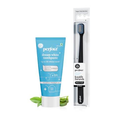 Image of Perfora Dream White Teeth Whitening Mini Oral Care Combo | Dream White Toothpaste & Toothbrush | SLS & Fluoride Free Tooth paste | Super Soft Bristles For Sensitive Teeth - OG Black