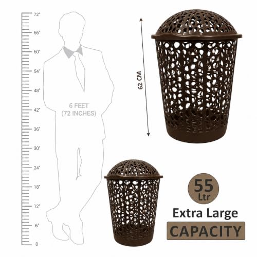 Image of KITCHIVO Plastic Large 55 Ltr Laundry Basket with Lid & Handle | Multipurpose Hamper Bins Storing Washable Clothes, Blankets | Household Ideal for Home & Bathroom (Round Brown)