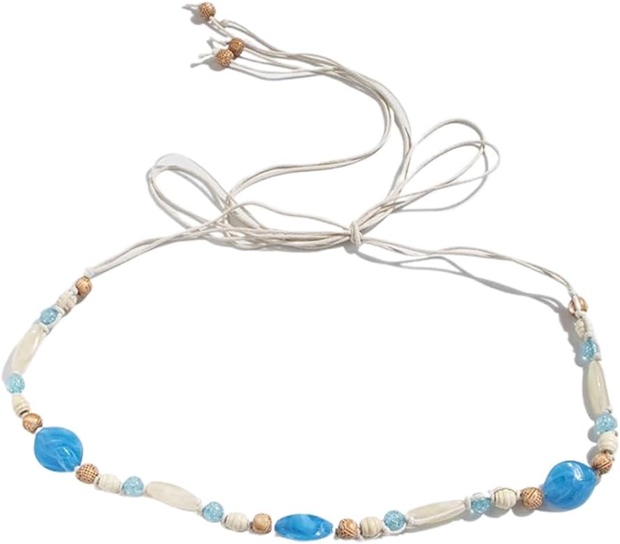 Vintage Beaded Waist Chain Belt Bohemian Blue Stone Braided Rope Body Belly Beach Bikini Summer Waist Body Beads Jewelry for Women Adjustable