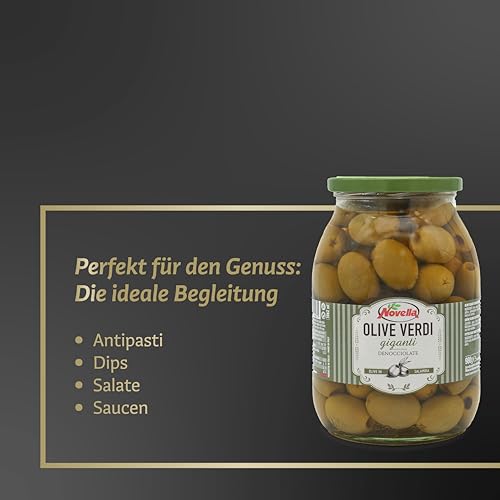 Novella Olive Verdi giganti - grüne Oliven in Salzlake - Feinkost ohne Stein - Perfekt für Antipasti - 560g (Packung mit 2)