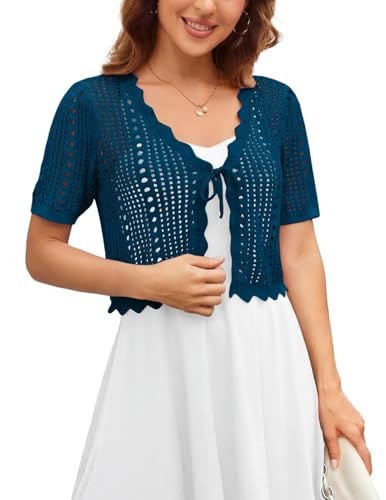 Blue Crochet Shrug Summer Sweater Short Sleeve Cropped Cardigan Lightweight