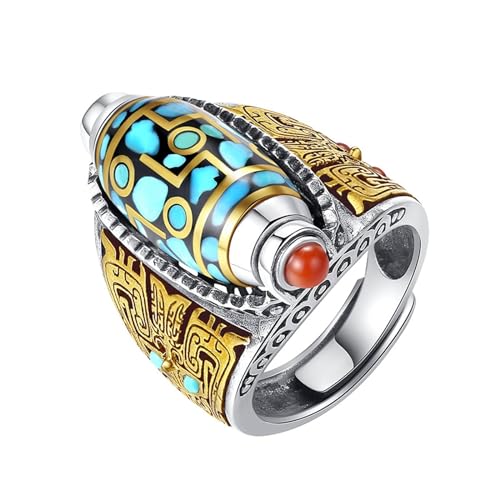 Anillo de cuentas Dzi de nueve ojos con mantra de seis caracteres de color turquesa Anillo giratorio de transferencia de cuentas de mantra de seis caracteres estilo tibetano (Sky Blue-4, One Size)
