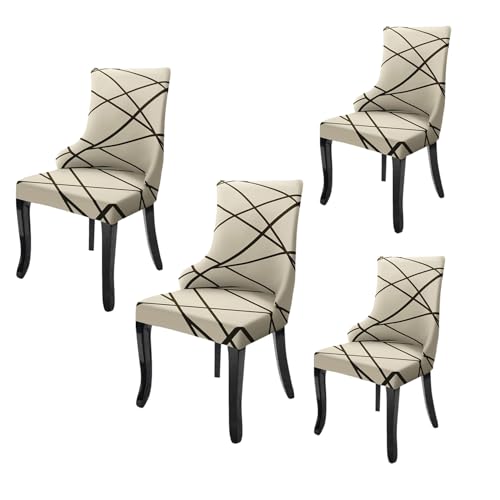 Image of House of Quirk Polyester Wingback American Side Chair Slipcover-Accent Chair Cover Slipcover with Arm,Washable Dining Chair with Nailed Trim Protector for Dining Living Room Pack of 4 (Beige Line)