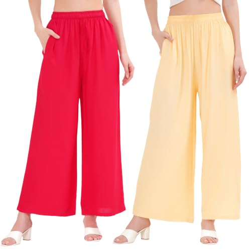 Image of Buy That Trendz Palazzo Pants for Women Cotton Rayon Elasticated Regular Fit Flared Wide Leg M to 6XL Pack of 2