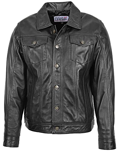 Mens Real Leather Trucker Jacket Lee Rider Style Terry (XL, Black)