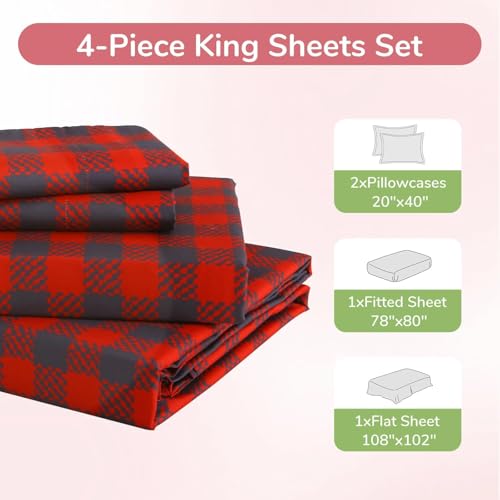 Image of MUXHOMO King Size 4 Piece Sheet Set, Soft Breathable Bed Sheet Set for Bedroom with Deep Pocket Up to 16 inch, Wrinkle-Free & Cooling Bedding for Oeko-TEX Certified - Red Plaid