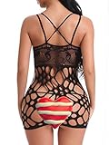 FasiCat Women's Mesh Lingerie Fishnet Babydoll Mini Dress Free Size Sleepwear Bodysuit,Black13,One Size