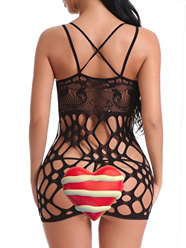 FasiCat Women's Mesh Lingerie Fishnet Babydoll Mini Dress Free Size Sleepwear Bodysuit,Black13,One Size