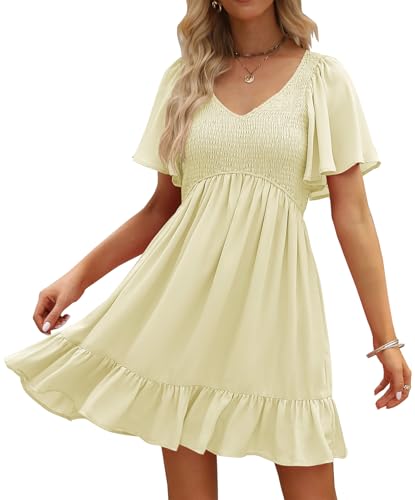 Image of LILLUSORY Women's Flowy Casual Mini Dresses 2026 Summer Graduation Smocked V Neck Vacation Dress Dress with Pockets