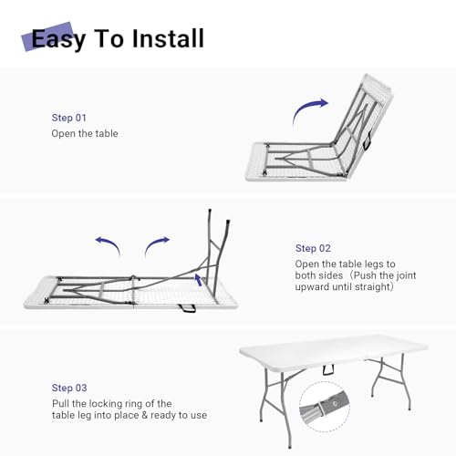 Image of Byliable Folding Table 6ft, Heavy Duty Portable Plastic Fold-in-Half Utility Table with Carrying Handle for Indoor Outdoor, Camping Picnic Party, White