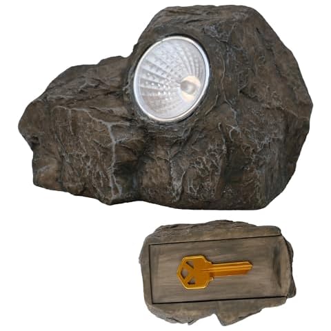 Memeyou Hide a Spare Key Outdoor Waterproof Fake Solar Rock lights Key Hider Holder Safe Secret Storage Box For Outside Garden Landscape Spot Lights Decorative Faux Stone Geocache Containers Cover