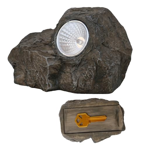 Memeyou Hide a Spare Key Outdoor Waterproof Fake Solar Rock lights Key Hider Holder Safe Secret Storage Box For Outside Garden Landscape Spot Lights Decorative Faux Stone Geocache Containers by memeyou - Used condition - US$15.04