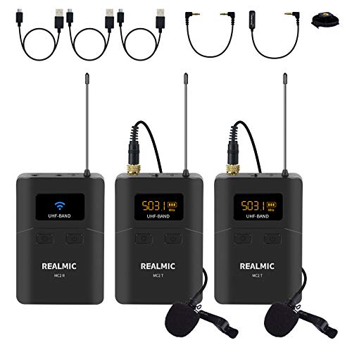 UHF Wireless Lavalier Microphone System Dual Wireless Lapel Mic for DSLR Cameras,iPhone,Android Smartphones,YouTube,Podcast,Video Recording,Interview, Teaching(300 ft Audio Range)