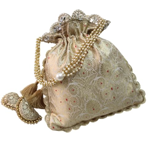Image of MILAN'S CREATION Pure Banarasi Potli Silk Brocade Bag Purse Drawstring Women's handbag with Pearl Handle & Tassel Weddings