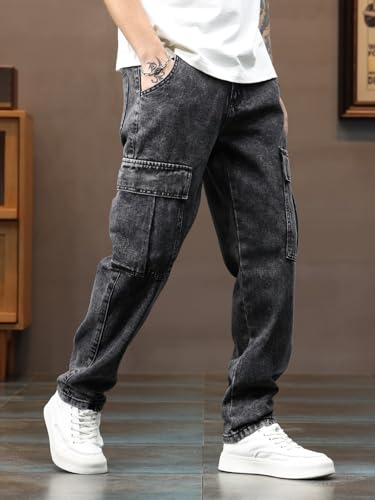 Men's Tapped and Wide Leg Jeans Non-Stretch Loose Fit Hip Hop Cargo Jeans with Multi-Pocket4