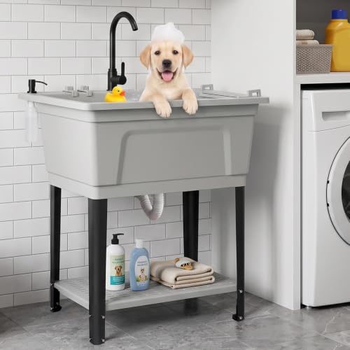 Image of VINGLI Freestanding Utility Sink with Faucet, 36 inch Heightened Basin for Laundry, Garage, Outdoor Garden, Pet Wash, Heavy Duty Plastic Laundry Tub with Storage Shelf (Gray, 32 inchLx24 inchWx36 inchH)