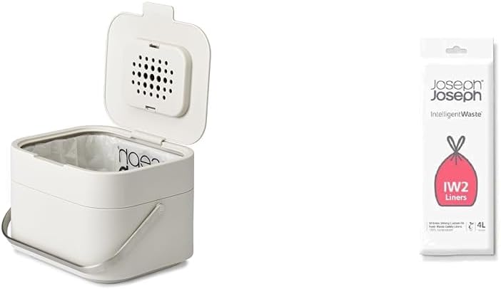 Joseph Joseph Stack 4 Liter/1 Gallon Food Waste Caddy with Odour Filter, Stone & Joseph Joseph IW2 Biodegradable, Compostable Bags, Pack of 50 Food Waste Bin Liners (4 Liter), White