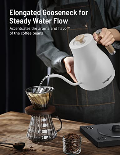 Image of Paris Rhone Gooseneck Electric Kettle, Temperature Variable Tea Kettle for Coffee Tea Brewing, 1L Stainless Steel Electric Kettle, 2H Keep Warm, Built-in Stopwatch, White