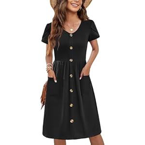 Zeagoo Sommerkleid Damen Elegant V-Ausschnitt Kleider Casual Kurzarm Kleid A-Linie Swing Strandkleid mit Taschen S-XXL
