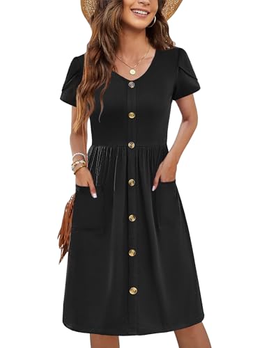 Zeagoo Sommerkleid Damen Elegant V-Ausschnitt Kleider Casual Kurzarm Kleid A-Linie Swing Strandkleid mit Taschen S-XXL