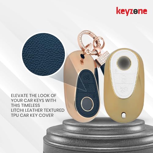 Image of Keyzone Litchi Leather Textured TPU Key Cover & Keychain for S-Class, G-Class, E-Class 2022 Onwards, 3 Button Smart Key (Blue)