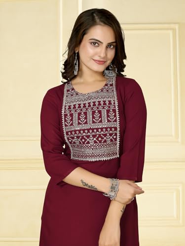 Image of rangita Maroon Rayon Calf Length Embroidered Straight Kurti for Women | Kurta for Women