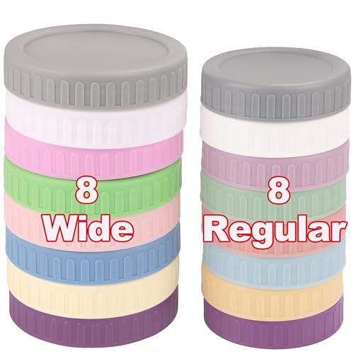 [16 Piece]8 Wide Mouth + 8 Regular Mouth Mason Jar Lids, Multi Color Plastic Lids for Mason Jars with Silicone Rings, Thickened Leak-Proof Canning Lids Regular Wide Mouth