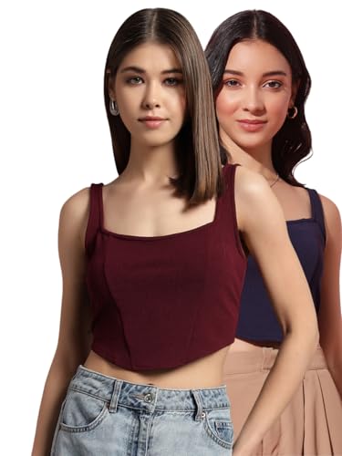 Image of Trend Arrest.ed Women's Stretchable Corset Style Crop Top | Square Neck Sleeveless Zipper Back Body-Hugging Fit | Casual