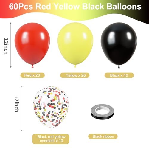 Image of KBZVNAF Red Yellow Black Latex Balloons - 60 Pack 12 inch Red Yellow Black Confetti Party Balloons for Birthday, Baby Shower, Wedding, Bridal Shower, Mouse Theme Party Decorations