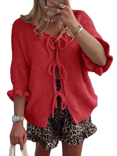 Image of Saodimallsu Womens Tie Front Bow Cardigan Sweaters Lightweight Knit Ruffle Half Sleeve 2025 Trendy Jacket