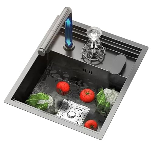 WBJGUOD Fregadero de Cocina Invisible de un Solo tazón con Tapa, Barra de Isla, Ranura para cafetería, sifón de Acero Inoxidable, Grifo extraíble con elevación, Tazas Lavables