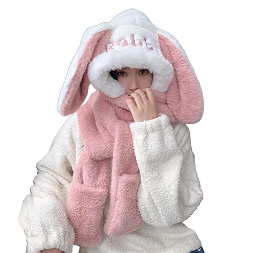 Automne et Hiver Femme Oreilles de Lapin Intégré Echarpe Chapeau Joker Peluche Foulard Gants Ensemble de 3 Chapeaux Épais Chauds Kit, rose, taille unique Cover