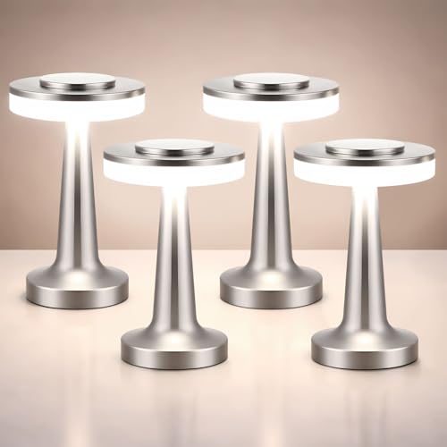 Image of Riakrum 4 Pcs LED Cordless Table Lamp Bulk Rechargeable,Silver | Portable Wireless Lamps, 3 Color Stepless Dimming, 15 Hour Battery, Touch Control, Wedding Home Restaurant Decor