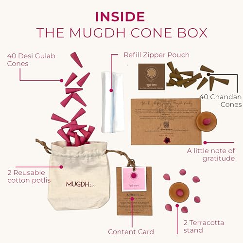 Image of Mugdh Natural Incense Cones Combo - Chandan & Gulab | Bambooless, Low Smoke, Charcoal Free Dhoop Cones | 80 Organic dhoop batti | Free Cotton Potli & Dhoop Stand | Home Fragrance, Pooja & Meditation