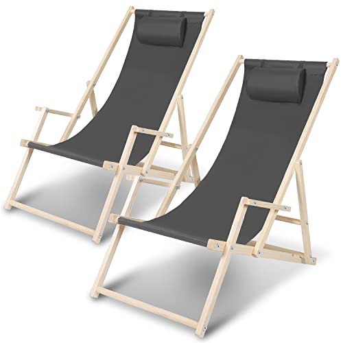 Hebitod Juego de 2 tumbonas plegables de madera, con funda de tela con cojín, plegable, para exterior, interior, jardín, terraza y balcón, color gris