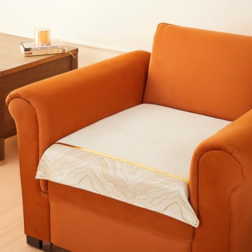 Image of Amazon Basics Knitted Fabric Sofa Cover for Single Seater, Classic Plaid, Non-Slip Sofa Pad, 70x70 cm, Soft Silicone Grip Dots, 100% Polyester, Machine Washable - Off-White